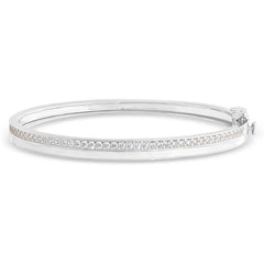 Platinum finish sterling silver micropave hinged bangle bracelet with with white enamel and simulated diamonds