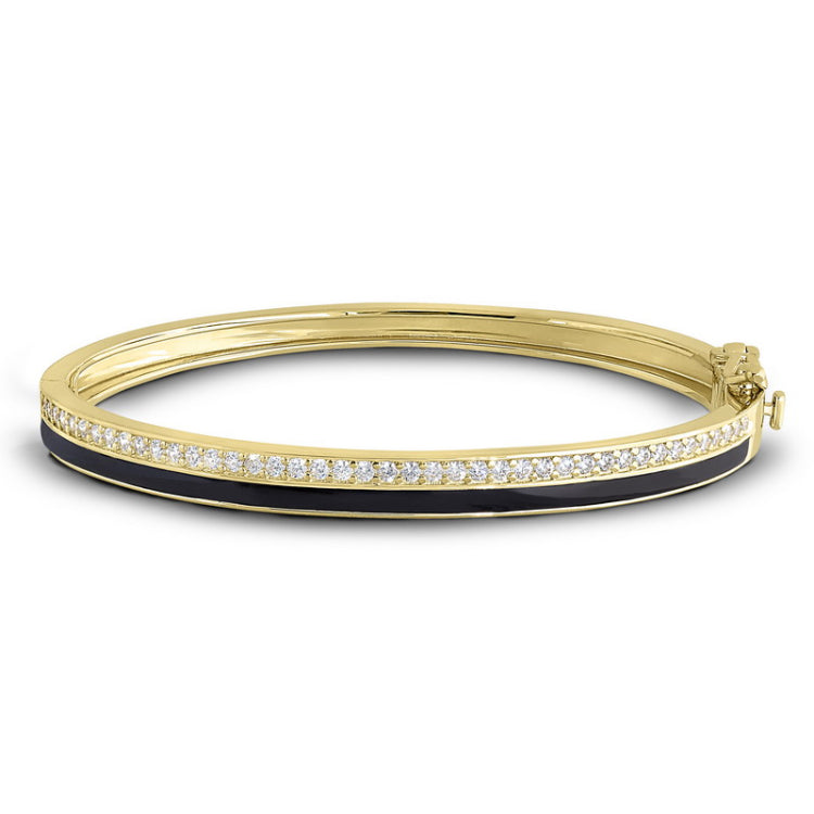 Gold vermeil sterling silver micropave hinged bangle bracelet with with black enamel and simulated diamonds