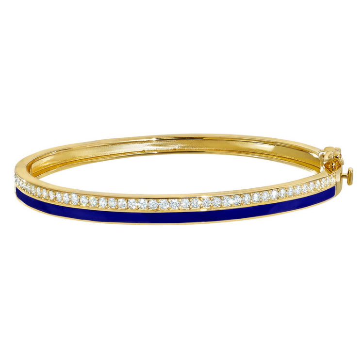 Gold vermeil sterling silver micropave hinged bangle bracelet with with navy enamel and simulated diamonds