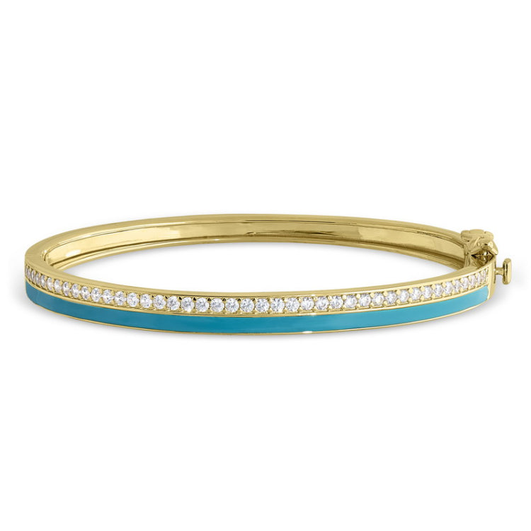 Gold vermeil sterling silver micropave hinged bangle bracelet with turquoise enamel and simulated diamonds