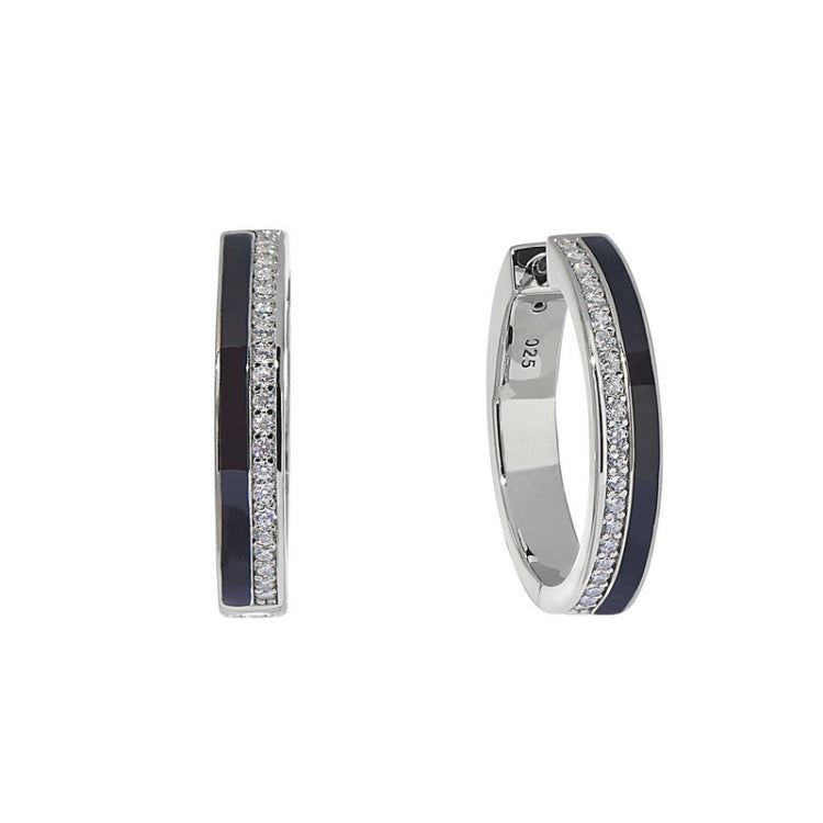 Platinum finish sterling silver micropave hoop earrings with black enamel and simulated diamonds