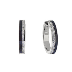 Platinum finish sterling silver micropave hoop earrings with black enamel and simulated diamonds