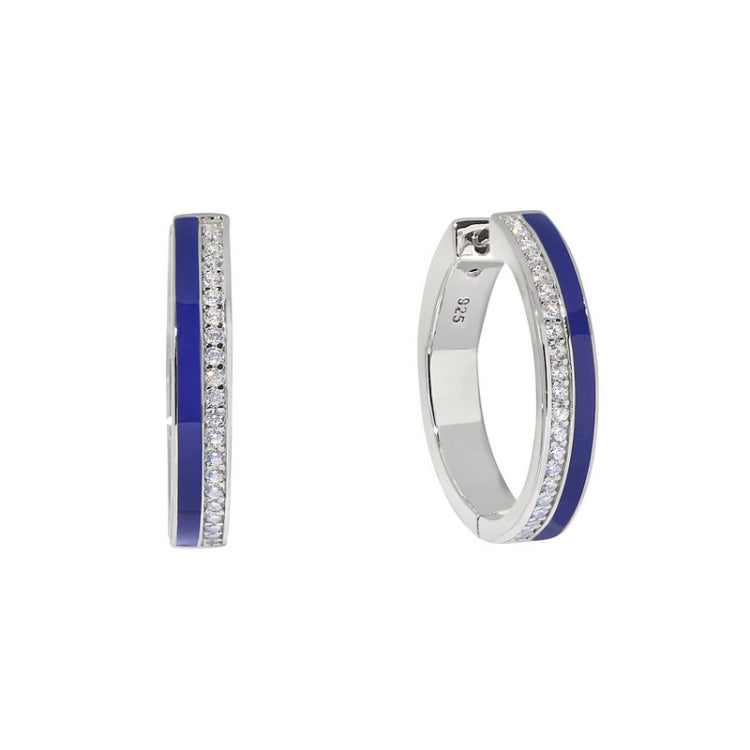 Platinum finish sterling silver micropave hoop earrings with navy enamel and simulated diamonds
