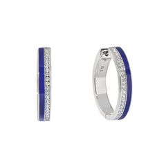 Platinum finish sterling silver micropave hoop earrings with navy enamel and simulated diamonds
