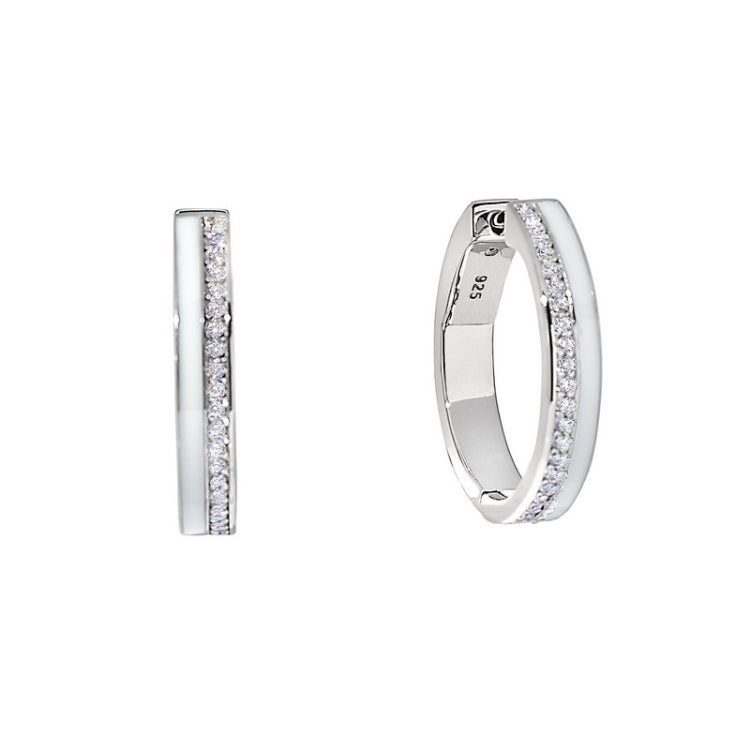 Platinum Finish Sterling Silver Micropave Hoop Earrings with White Enamel and Simulated Diamonds
