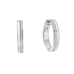 Platinum Finish Sterling Silver Micropave Hoop Earrings with White Enamel and Simulated Diamonds