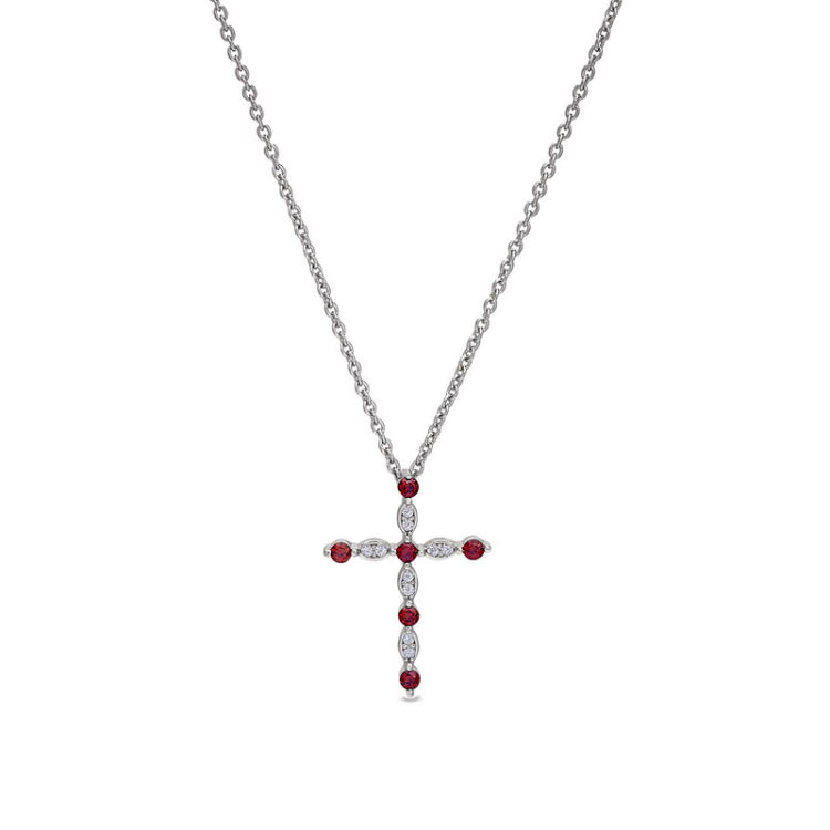 Platinum finish sterling silver simmulated garnet cross pendant with simmulated diamonds on 16 - 18 adjustable chain