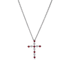 Platinum finish sterling silver simmulated garnet cross pendant with simmulated diamonds on 16 - 18 adjustable chain