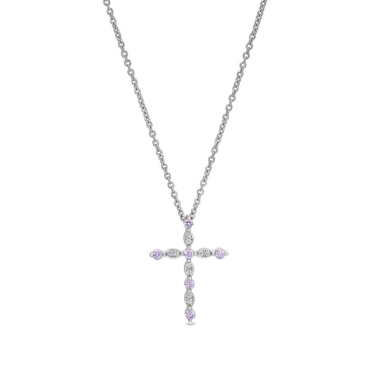Platinum finish sterling silver simmulated pink sapphire cross pendant with simmulated diamonds on 16 - 18 adjustable chain