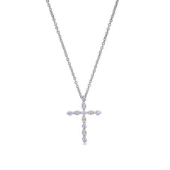 Platinum finish sterling silver simmulated pink sapphire cross pendant with simmulated diamonds on 16 - 18 adjustable chain