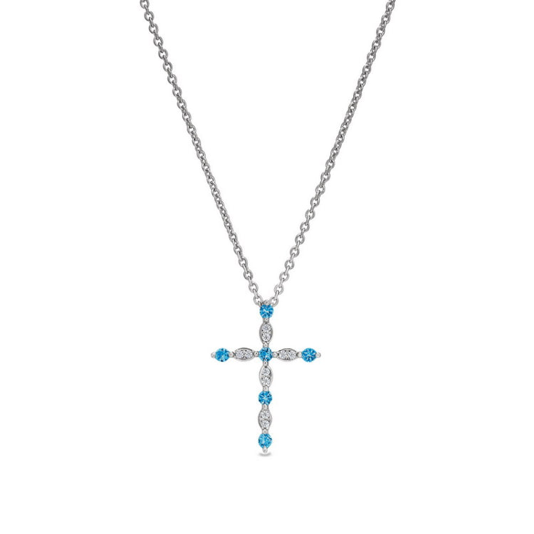 Platinum finish sterling silver simmulated blue topaz cross pendant with simmulated diamonds on 16 - 18 adjustable chain