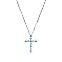 Platinum finish sterling silver simmulated blue topaz cross pendant with simmulated diamonds on 16 - 18 adjustable chain