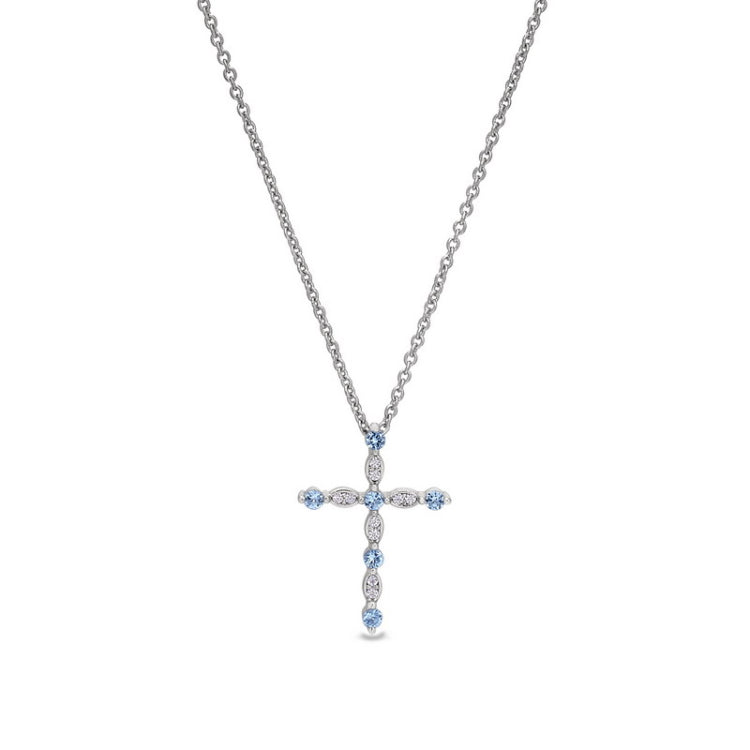 Platinum finish sterling silver simmulated aquamarie cross pendant with simmulated diamonds on 16 - 18 adjustable chain