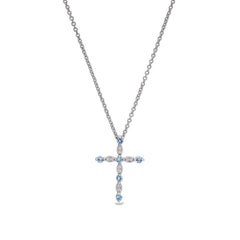 Platinum finish sterling silver simmulated aquamarie cross pendant with simmulated diamonds on 16 - 18 adjustable chain