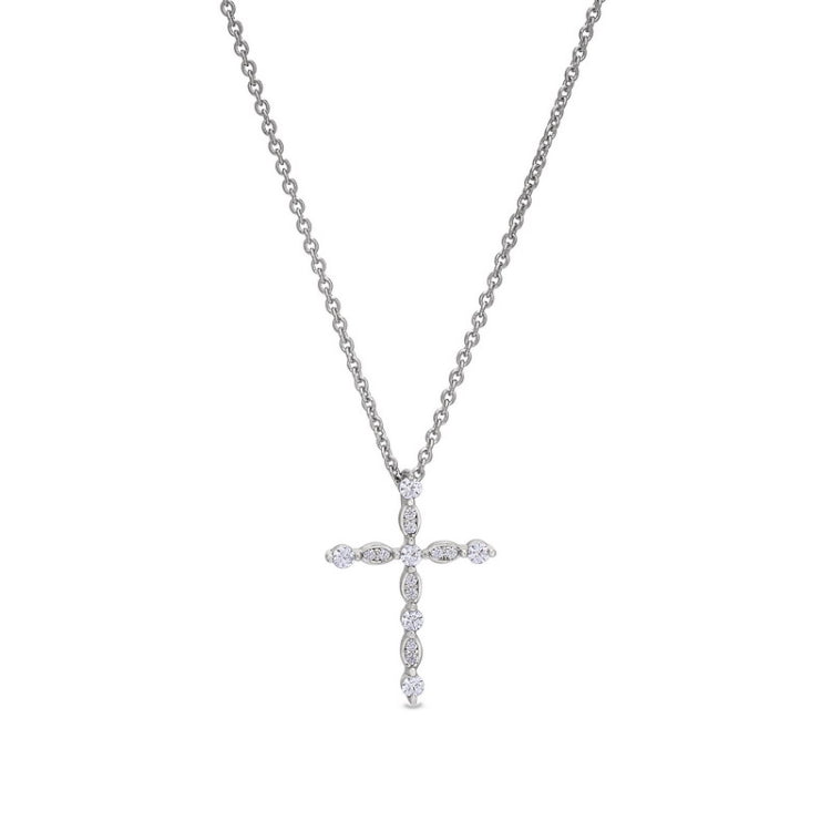 Platinum finish sterling silver simmulated diamond cross pendant with simmulated diamonds on 16 - 18 adjustable chain