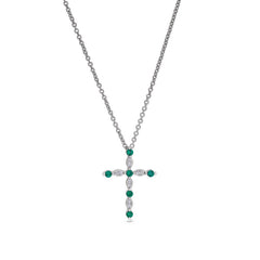Platinum finish sterling silver simmulated emerald cross pendant with simmulated diamonds on 16 - 18 adjustable chain