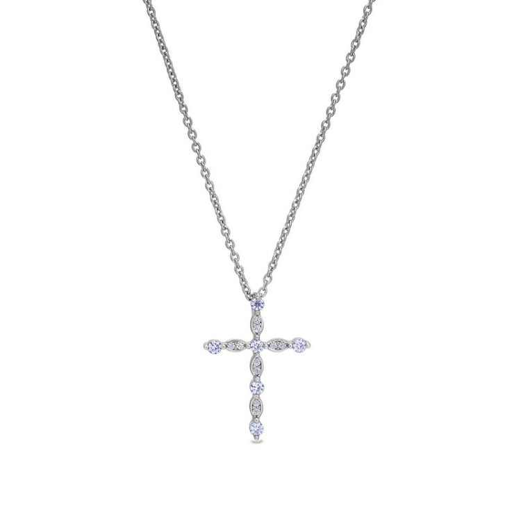 Platinum finish sterling silver simmulated light amethyst cross pendant with simmulated diamonds on 16 - 18 adjustable chain