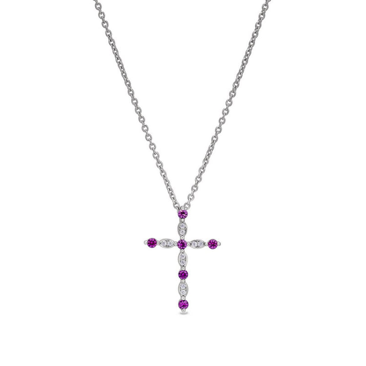 Platinum finish sterling silver simmulated ruby cross pendant with simmulated diamonds on 16 - 18 adjustable chain