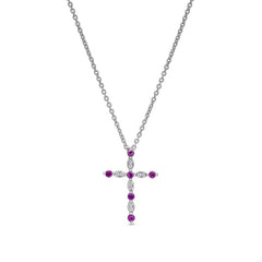 Platinum finish sterling silver simmulated ruby cross pendant with simmulated diamonds on 16 - 18 adjustable chain