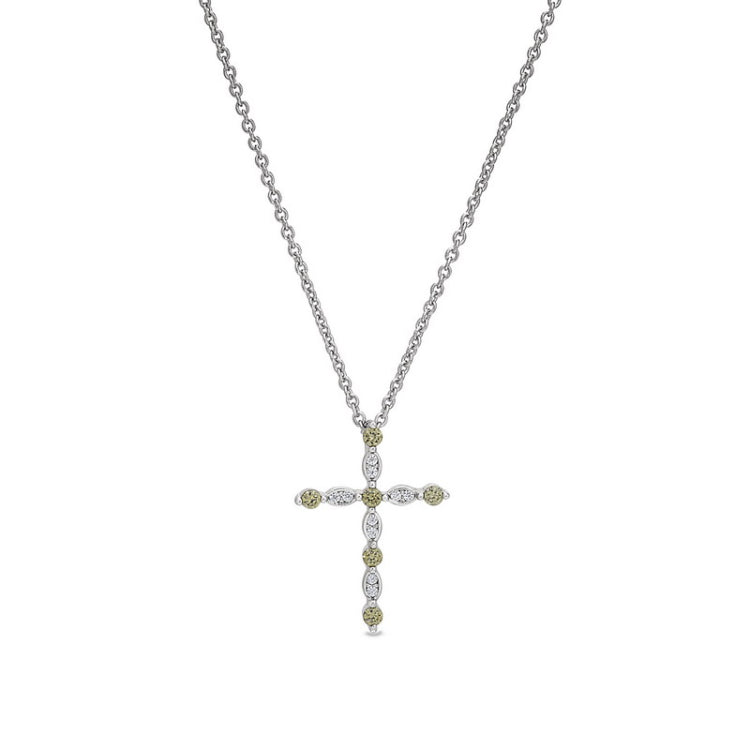 Platinum finish sterling silver simmulated peridot cross pendant with simmulated diamonds on 16 - 18 adjustable chain