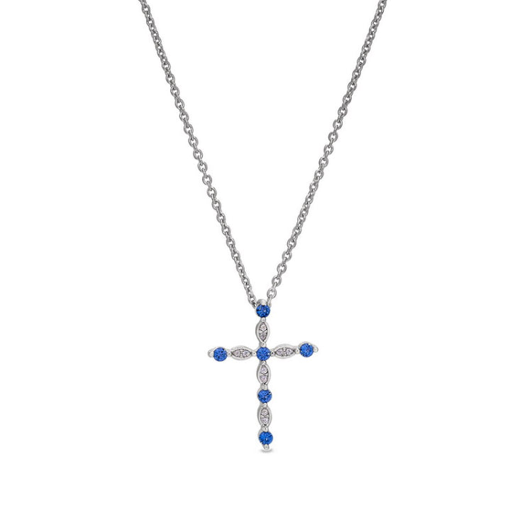 Platinum finish sterling silver simmulated sapphire cross pendant with simmulated diamonds on 16 - 18 adjustable chain