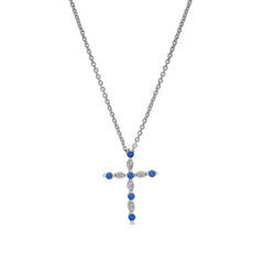 Platinum finish sterling silver simmulated sapphire cross pendant with simmulated diamonds on 16 - 18 adjustable chain
