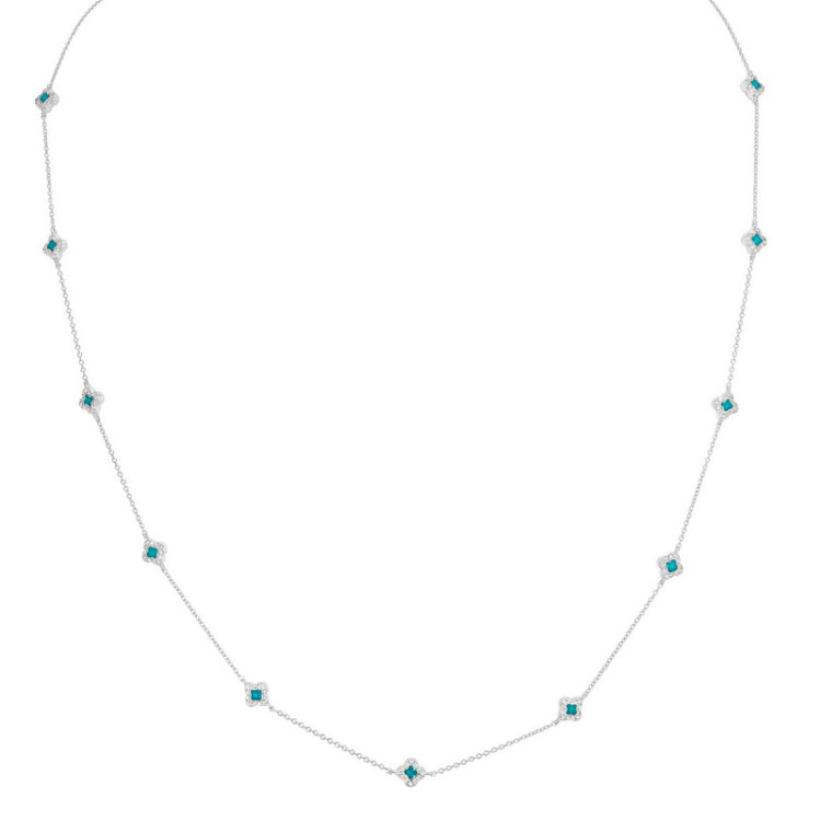 Platinum finish sterling silver micropave turquois enamel clover station necklace with diamonds - adjustable chain 18- 20