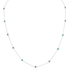 Platinum finish sterling silver micropave turquois enamel clover station necklace with diamonds - adjustable chain 18- 20