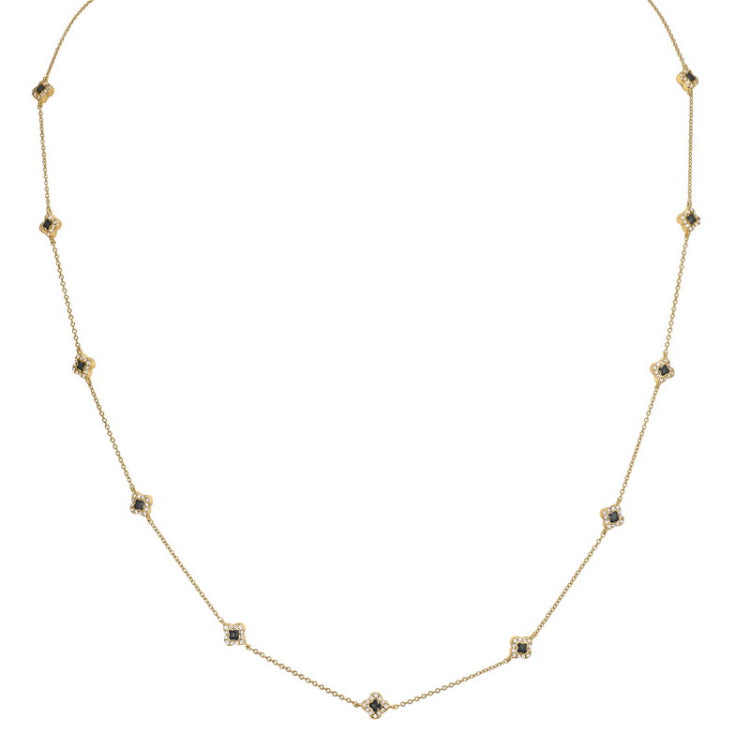 Gold finish sterling silver micropave black enamel clover station necklace with simmulated diamonds - adjustable chain 18-20