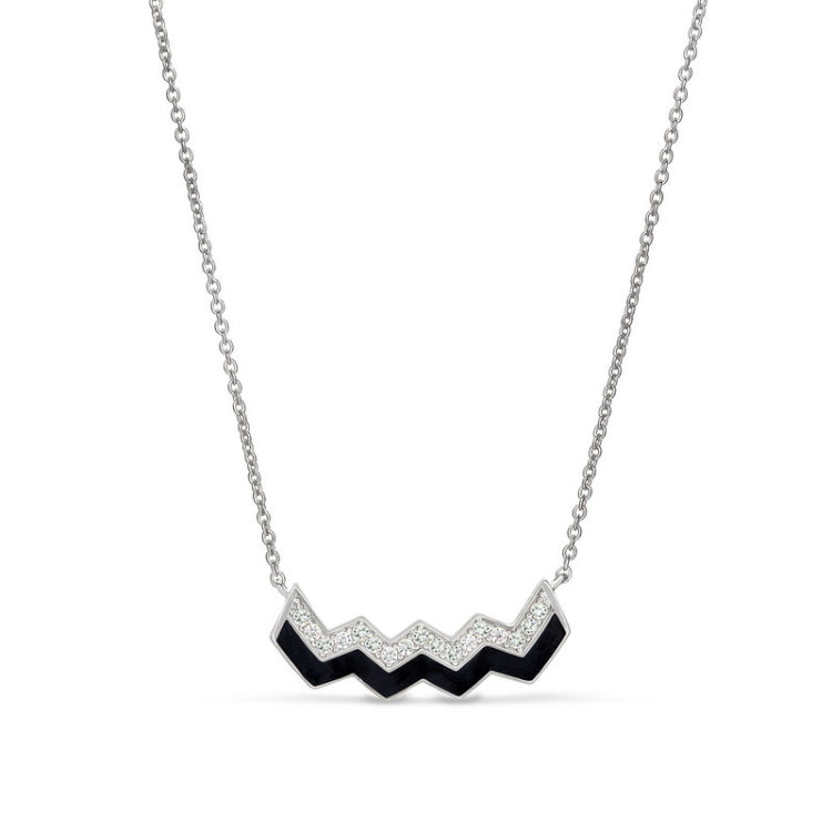 Sterling Silver Micropave Ups and Downs Necklace  Black Enamel - 16" - 18" Adjustable Chain