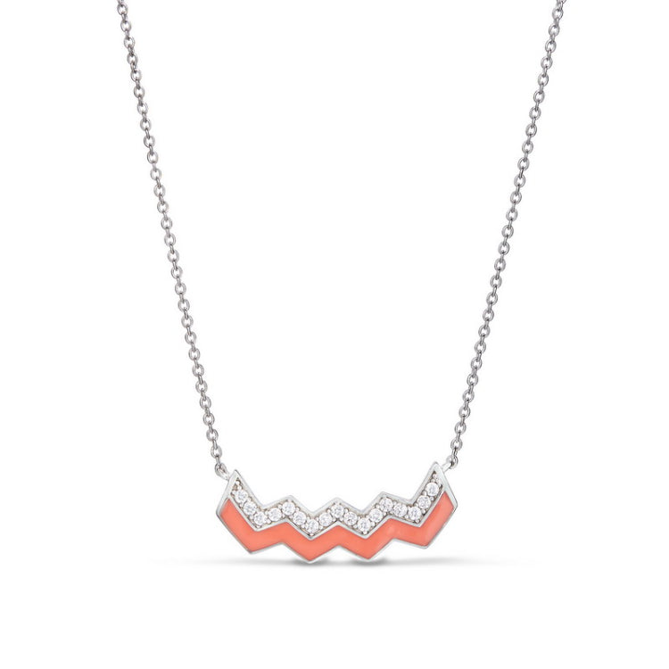 Platinum finish sterling silver necklace with coral enamel and simulated diamonds - 16 - 18 adjustable chain