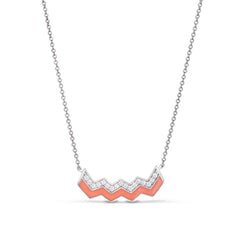 Platinum finish sterling silver necklace with coral enamel and simulated diamonds - 16 - 18 adjustable chain