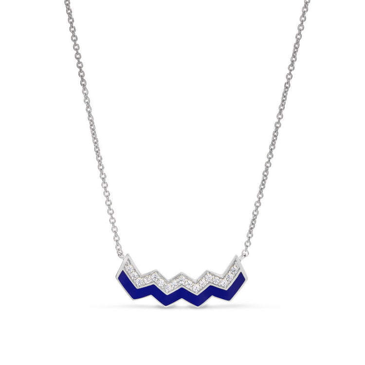 Platinum finish sterling silver micropave ups and downs necklace with navy enamel and simulated diamonds  adjustable chain