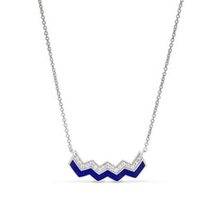Platinum finish sterling silver micropave ups and downs necklace with navy enamel and simulated diamonds  adjustable chain