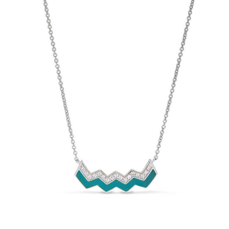 Platinum finish sterling micropave ups and downs necklace with turquoise enamel and simulated diamonds adjustable chain