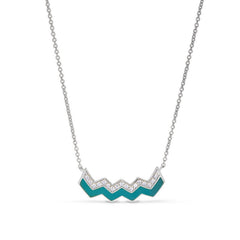 Platinum finish sterling micropave ups and downs necklace with turquoise enamel and simulated diamonds adjustable chain