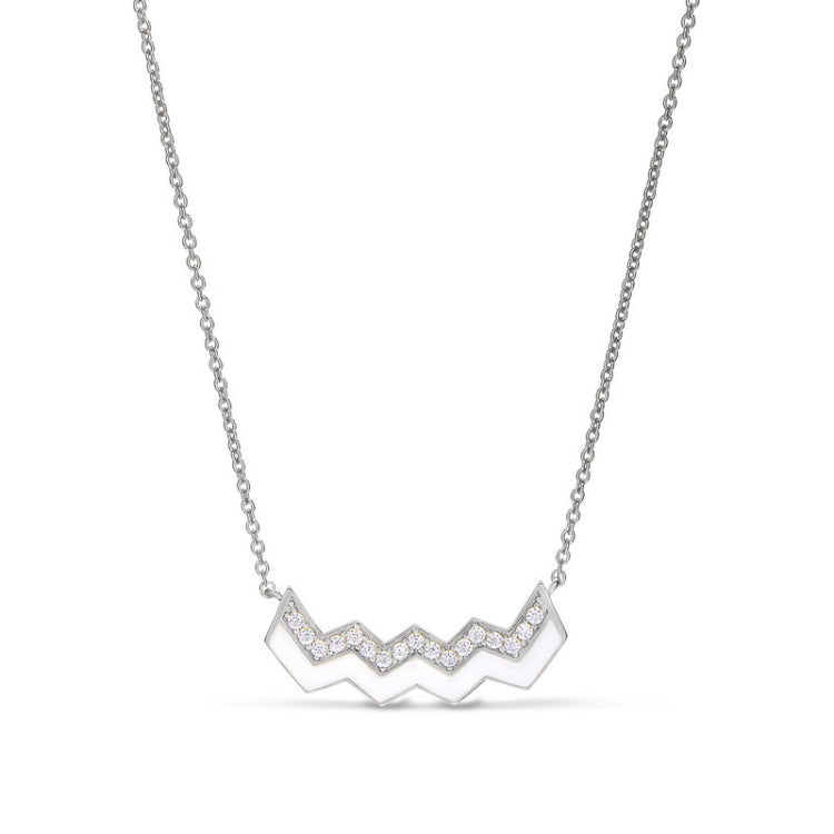 Platinum finish sterling micropave ups and downs necklace with white enamel and simulated diamonds - 16  18 adjustable chain
