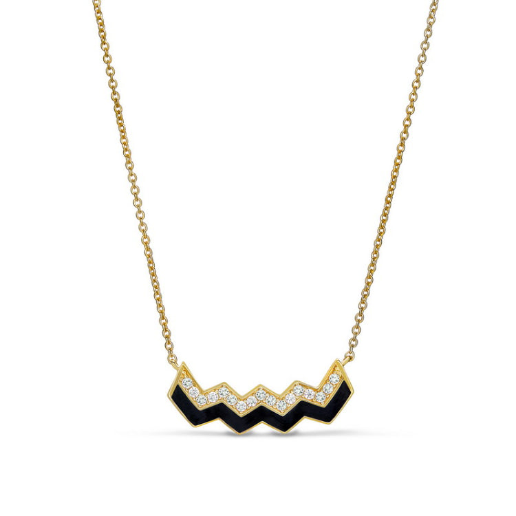 Gold vermeil sterling silver necklace with black enamel and simulated diamonds - 16 - 18 adjustable chain