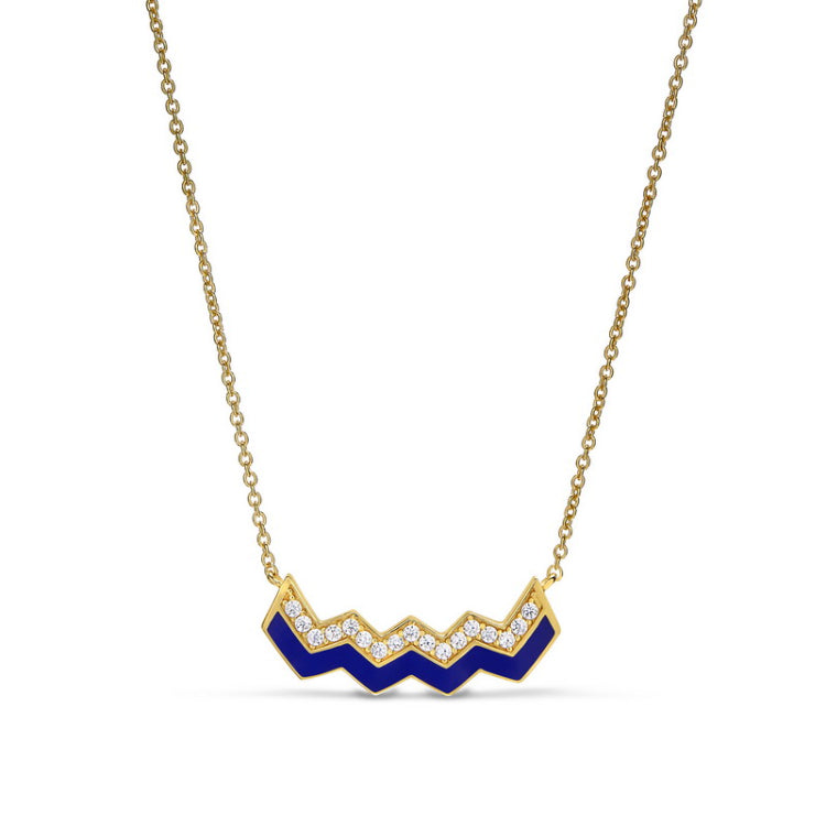 Gold vermeil sterling micropave ups and downs necklace with navy enamel and simulated diamonds - 16 - 18 adjustable chain