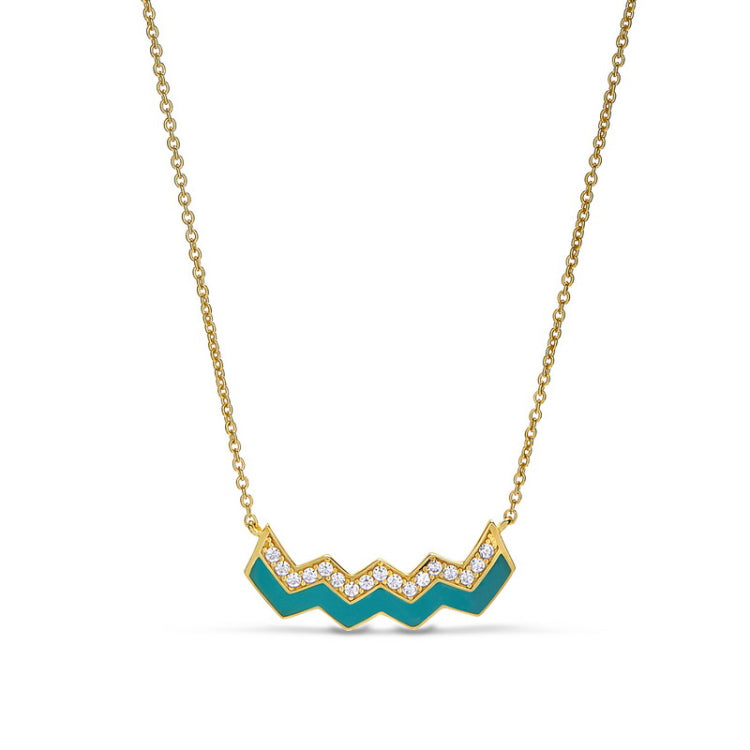 Gold vermeil sterling silver necklace with turquoise enamel and simulated diamonds - 16 - 18 adjustable chain