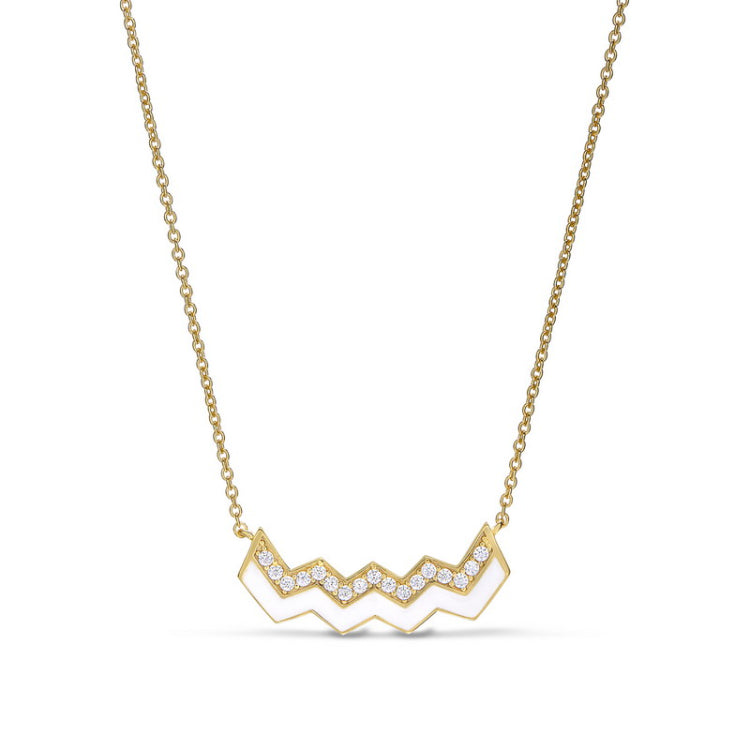 Gold vermeil sterling silver micropave ups and downs necklace with white enamel and simulated diamonds - 16 - 18 adjustable