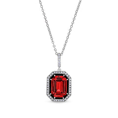 Platinum finish sterling silver micropave black enamel & simulated ruby octagon pendant with simulated diamonds on 18 cable