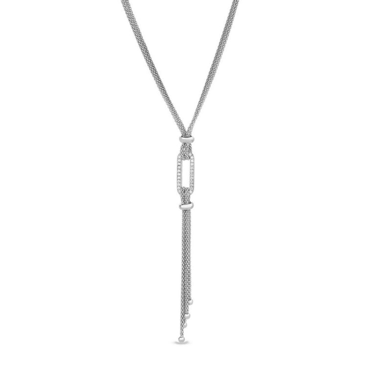 Platinum finish sterling micropave double chain lanyard necklace with a single link with simulated diamonds - adjustable