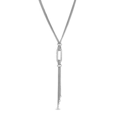 Platinum finish sterling micropave double chain lanyard necklace with a single link with simulated diamonds - adjustable