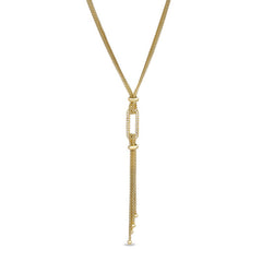 Gold finish sterling silver micropave double chain lanyard necklace with a single link with simulated diamonds - adjustable