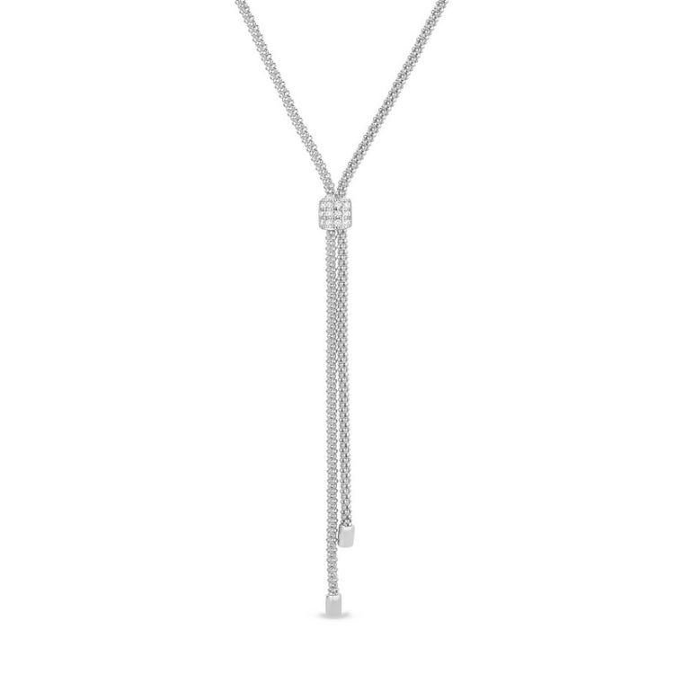 Platinum finish sterling silver micropave lanyard necklace with a square with 3 rows of simulated diamonds adjustable 18-20