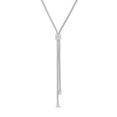 Platinum finish sterling silver micropave lanyard necklace with a square with 3 rows of simulated diamonds adjustable 18-20