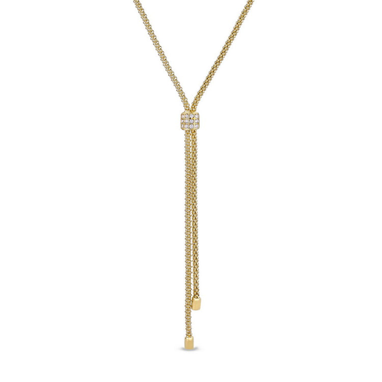 Gold finish sterling silver micropave lanyard necklace with a square with 3 rows of simulated diamonds - adjustable 18-20