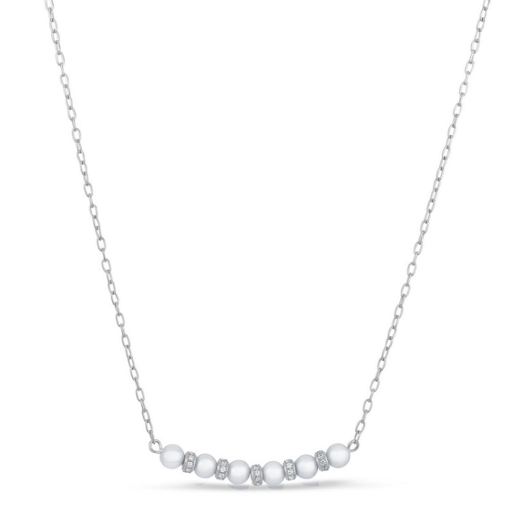 Platinum finish sterling silver micropave pearl and simulated diamond necklace - adjustable 18-20