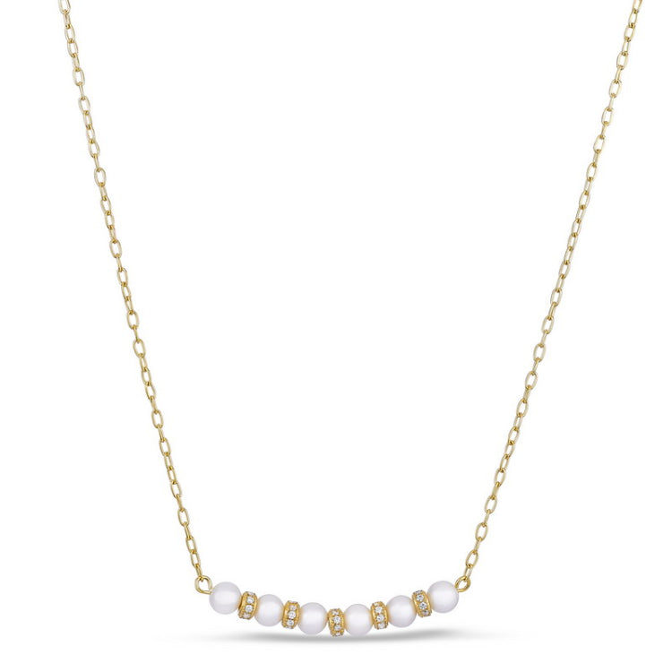 Gold finish sterling silver micropave pearl and simulated diamond necklace - adjustable 18-20